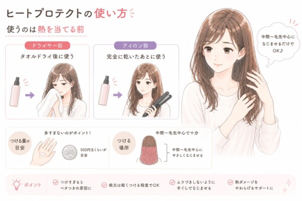 「ヒートプロテクトの使い方」を解説した図解です。髪の中間から毛先に手でケア剤をなじませる女性のイラストを中心に配置。ヒートプロテクトを使うタイミングは「熱を当てる前」とし、ドライヤー前は「タオルドライ後に使う」、アイロン前は「完全に乾いたあとに使う」と図解しています。つける量の目安は「500円玉くらい」で多すぎないことがポイント。つける場所は「中間〜毛先中心で十分」とイラスト付きで説明しています。下部にはポイントとして、「つけすぎるとベタつきの原因に」「根元は軽くつける程度でOK」「ムラづきしないように手ぐしでなじませる」「熱ダメージをやわらげるサポートに」の4点をまとめています。