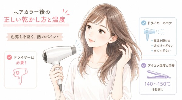「ヘアカラー後の正しい乾かし方と温度」を解説した図解です。色落ちを防ぐ熱のポイントとして、ドライヤーで優しく髪を乾かす女性のイラストを中心に配置。左側で「ドライヤーは必要!」と強調し、右側ではドライヤーのコツとして「高温を避ける」「近づけすぎない」「当てすぎない」の3点を説明しています。さらに、ヘアアイロンを使う際の温度設定は「140〜150℃を目安に」することをアイコンと共に解説しています。