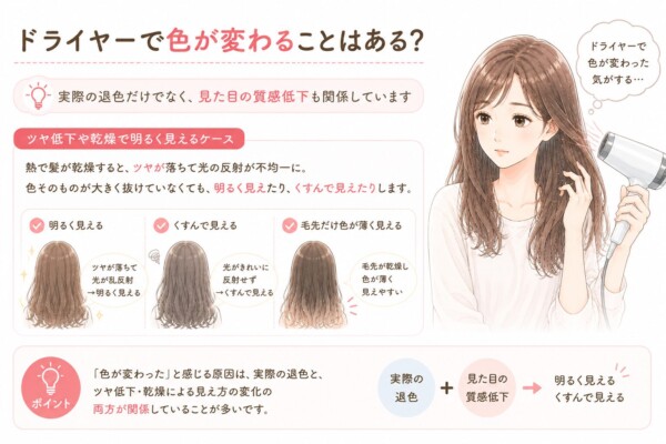 「ドライヤーで色が変わることはある?」という疑問を解説した図解です。ドライヤーを使いながら髪色の変化を気にする女性のイラストを中心に配置。「実際の退色だけでなく、見た目の質感低下も関係しています」とし、「ツヤ低下や乾燥で明るく見えるケース」を図解しています。熱で髪が乾燥すると光の反射が不均一になるため、色そのものが大きく抜けていなくても「明るく見える(光が乱反射)」「くすんで見える(きれいに反射しない)」「毛先だけ色が薄く見える(乾燥しやすい)」という3つの状態を後ろ姿のイラストで比較。最後にポイントとして、色が変わったと感じる原因は「実際の退色+見た目の質感低下」の両方が関係していることが多いとまとめています。
