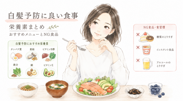 「白髪予防に良い食事 栄養素まとめ おすすめメニューとNG食品」の図解画像。フォークを持ち、笑顔で健康的な食事を前にする女性を中心に配置しています。左側にはタンパク質や亜鉛など白髪予防におすすめの栄養素と食材、右側には糖質過多やインスタント食品などのNGな食品・食習慣を示し、手前には鮭やアボカドを取り入れた理想的な食事メニューを描いています。