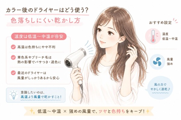 「カラー後のドライヤーはどう使う?色落ちしにくい乾かし方」を解説した図解です。ドライヤーで髪を乾かす女性のイラストを中心に配置。左側では「温度は低温〜中温が目安」として、高温が色持ちに不利なことや、寒色系・ブリーチ毛への熱の影響を説明し、「高温より風量で乾かすこと」を意識するポイントとして挙げています。右側ではおすすめ設定として「温度は低温〜中温」「風量は強め」をアイコン付きで紹介し、風の力でやさしく速乾できると説明。最後に「低温〜中温×強めの風量で、ツヤと色持ちをキープ!」とまとめています。