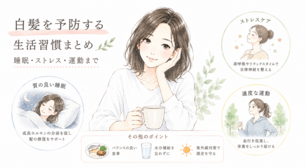 「白髪を予防する生活習慣まとめ」の図解画像。リラックスする女性を中心に、白髪予防に重要な習慣を解説しています。髪の修復を促す「質の良い睡眠」、自律神経を整える「ストレスケア」、血行を促進する「適度な運動」をイラストで紹介。さらにバランスの良い食事、水分補給、紫外線対策など、美髪を育む日常のポイントを1枚にまとめています。