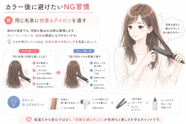 「カラー後に避けたいNG習慣」として、ヘアアイロンの使い方を解説した図解です。心配そうな表情でアイロンを使う女性のイラストを中心に配置。NG習慣は「同じ毛束に何度もアイロンを通す」こととし、低温でも熱が蓄積してダメージや退色の原因になると説明しています。左下では何度も通すNGな使い方による悪影響(熱が蓄積、パサつき、退色など)を、右側では1回で形をつける正しい使い方によるメリット(ダメージ最小限、ツヤキープなど)を比較して図解。下部ではきれいに仕上げるポイントとして、「毛束は厚く取りすぎない」「しっかり乾かしてベースを整える」「1回で通すイメージで」「ヒートケアで予防」の4ステップを紹介し、低温だから安心ではなく「回数を減らすこと」が大切だとまとめています。