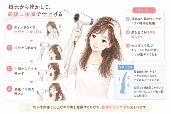 「根元から乾かして、最後に冷風で仕上げる」という見出しで、正しい髪の乾かし方を解説した図解です。ドライヤーで髪の根元を乾かす女性のイラストを中心に配置。左側では手順として「①タオルドライで水分をしっかり取る」「②根元から乾かす」「③中間から毛先を乾かす」「④最後に冷風で整える」の4ステップを図付きで解説。右側ではポイントとして、根元から乾かすことでドライ時間と熱を当てる時間を短縮できることや、仕上げの冷風でキューティクルが整いツヤが出やすくなる効果を説明しています。最後に、乾かす順番と仕上げの冷風を意識するだけで、色持ちとツヤ感が変わるとまとめています。