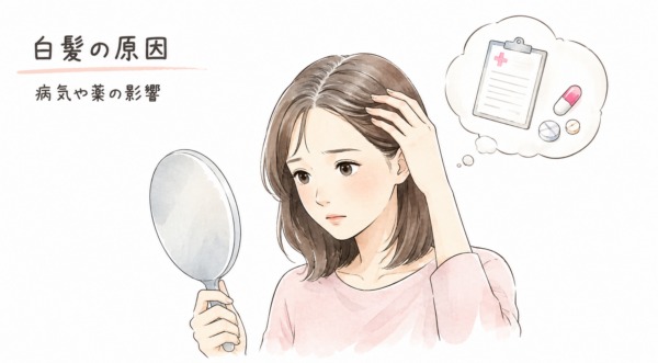 「白髪の原因 病気や薬の影響」という見出しの図解。手鏡を見ながら不安そうな表情で自分の髪をかき分けてチェックする女性のイラストが描かれています。女性の横には、医療用のカルテと複数の薬（カプセルや錠剤）が吹き出しで描かれており、病気や服用している薬が白髪の原因になるケースがあることを示しています。