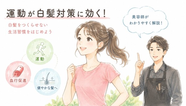 「運動が白髪対策に効く!」という見出しの図解イラストです。中央にピンクの運動着姿で前向きな表情の女性がおり、右側で美容師の男性が解説しています。左側には「運動」が「血行促進」につながり、最終的に「健やかな髪へ」と良い影響を与えるメカニズムを3つのアイコンで示し、白髪を作らせない生活習慣を提案しています。