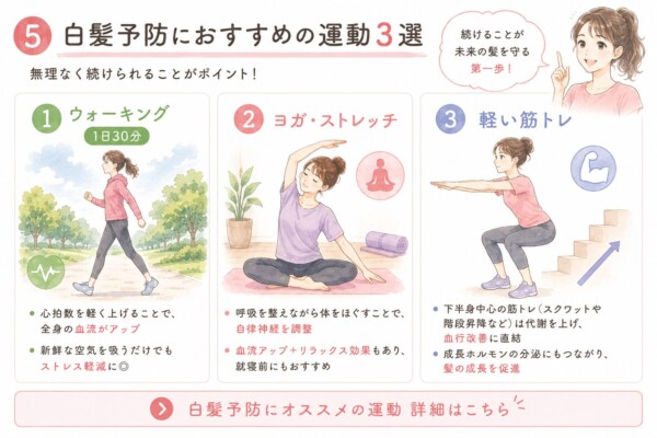 「白髪予防におすすめの運動3選」を解説した図解です。無理なく続けることが重要として、血流アップとストレス軽減に繋がる「1日30分のウォーキング」、自律神経を整えリラックスできる「ヨガ・ストレッチ」、代謝を上げ髪の成長を促す下半身中心の「軽い筋トレ」の3つを、女性のイラストとともに紹介しています。