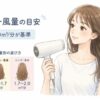 ドライヤー風量の目安を示す図解。標準基準は1.3〜2.0m³/分で、髪の長さや毛量別の選び方として、ショート・少なめは1.3〜1.5m³/分、ミディアム・普通は1.5〜1.7m³/分、ロング・多めは1.7〜2.0m³/分が推奨されています。右側にはドライヤーで髪を乾かす女性が描かれています。