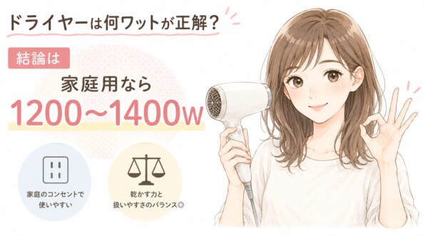 「ドライヤーは何ワットが正解？」という見出しで結論をまとめた図解です。ドライヤーを持ちながら笑顔でOKサインを出す女性のイラストを中心に配置。結論として「家庭用なら1200〜1400W」であることを大きく示し、理由として「家庭のコンセントで使いやすい」「乾かす力と扱いやすさのバランスが◎」という2つのポイントをアイコンと共に解説しています。