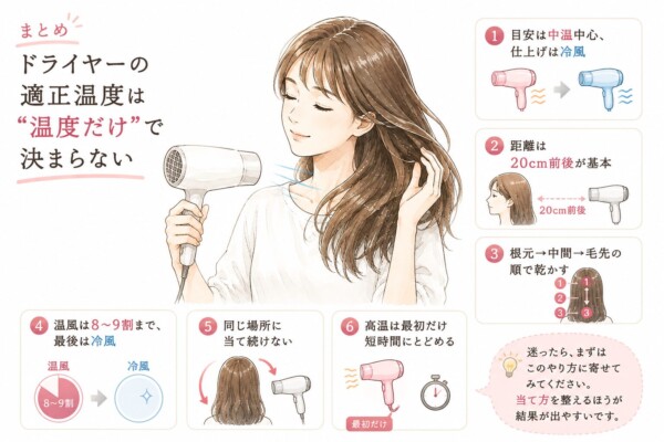 「まとめ ドライヤーの適正温度は“温度だけ”で決まらない」と題された図解画像です。髪を乾かす笑顔の女性を中心に、正しい乾かし方の6つのポイントをまとめています。1.中温中心＋冷風仕上げ、2.距離は20cm前後、3.根元から順に乾かす、4.温風は8〜9割まで、5.同じ場所に当て続けない、6.高温は最初だけ、と図説し、当て方を整える重要性を伝えています。