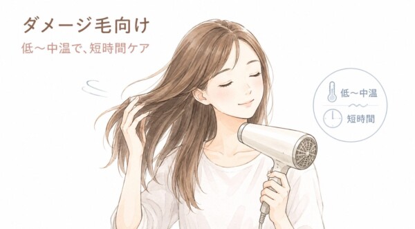 「ダメージ毛向け 低〜中温で、短時間ケア」という見出しの図解画像です。白いドライヤーを持ち、目を閉じて心地よさそうに髪を乾かしている女性のイラストが描かれています。画像右側には温度計と時計のアイコンが配置されており、ダメージを受けた髪には「低〜中温」の風を使い、「短時間」で負担をかけずにケアする重要性を伝えています。