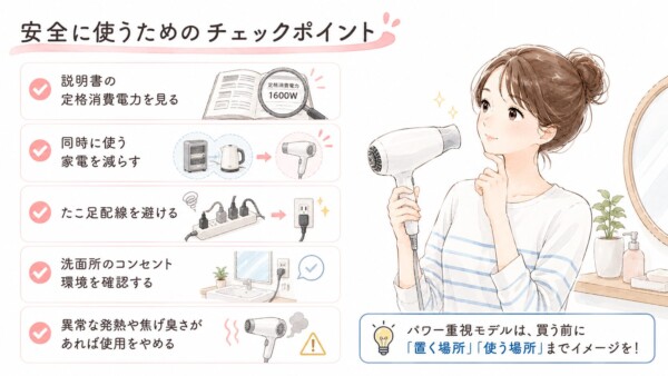 高ワットドライヤーを「安全に使うためのチェックポイント」をまとめた図解です。洗面所でドライヤーを持ち、笑顔でポイントを確認する女性のイラストと共に、5つの注意点をアイコン付きで解説しています。「①説明書の定格消費電力を見る」「②同時に使う家電を減らす」「③たこ足配線を避ける」「④洗面所のコンセント環境を確認する」「⑤異常な発熱や焦げ臭さがあれば使用をやめる」といった安全対策を説明。最後に、パワー重視のモデルを買う前には「置く場所」「使う場所」までイメージすることが大切だと補足しています。