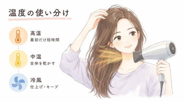 「温度の使い分け」を解説する図解画像です。右側にはドライヤーで髪を乾かす笑顔の女性のイラストが描かれています。左側には温度設定のアイコンが並び、「高温」は最初だけ短時間、「中温」で全体を乾かし、最後は「冷風」で仕上げ・キープするという、髪を傷めないための3ステップの手順を説明しています。