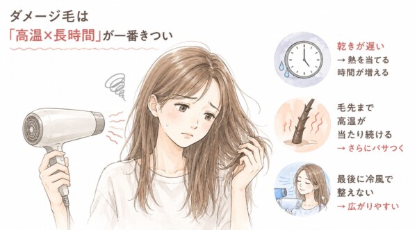 「ダメージ毛は『高温×長時間』が一番きつい」と解説した図解画像です。悩ましげな表情でドライヤーの熱風を当てている女性のイラストと共に、髪のダメージを悪化させる3つの原因を紹介。乾きが遅く熱を当てる時間が増えること、毛先まで高温が当たり続けさらにパサつくこと、最後に冷風で整えず広がりやすくなることを図示しています。