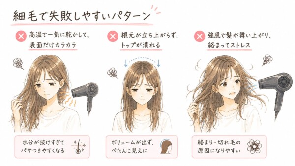 「細毛で失敗しやすいパターン」を図解した画像です。ドライヤーを使う細毛の女性が悩む3つのNG例を描いています。高温で乾かしすぎて水分が抜けパサつく状態、根元が潰れてボリュームが出ずぺたんこになる状態、強風で髪が舞い上がり絡まりや切れ毛になる状態を図示し、細毛特有のドライヤートラブルを解説しています。