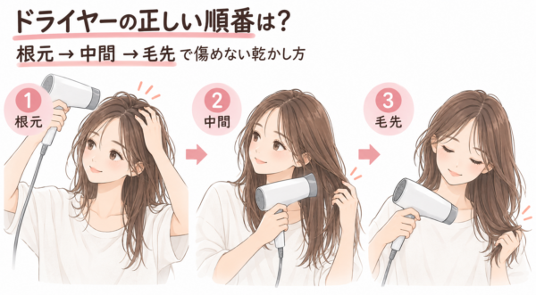 ドライヤーの正しい順番を解説した図解。髪を傷めない乾かし方として、1.根元（手ぐしで根元を立ち上げて乾かす）、2.中間（手で髪を散らしながら温風をあてる）、3.毛先（優しく整えながら乾かす）の3つのステップを女性のイラストとともに順番に説明しています。