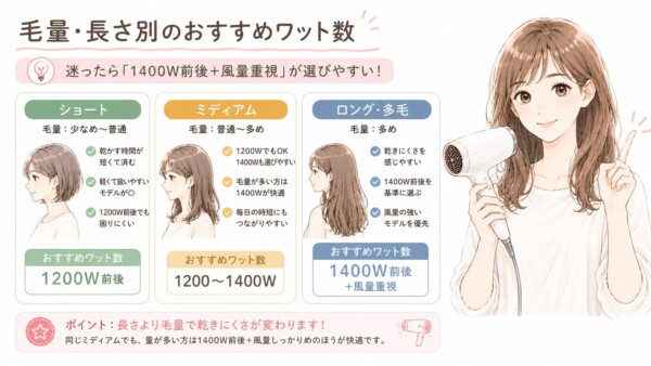 「毛量・長さ別のおすすめワット数」を解説した図解です。ドライヤーを持ちながら指を立ててアドバイスする女性のイラストと共に、3つのパターンで適したワット数を紹介。「ショート」は1200W前後、「ミディアム」は1200〜1400W、「ロング・多毛」は1400W前後＋風量重視をおすすめとしています。また、迷ったら「1400W前後＋風量重視」が選びやすいことや、長さよりも毛量で乾きにくさが変わるため、ミディアムでも量が多い方は1400W前後を選ぶと快適であるというポイントを説明しています。