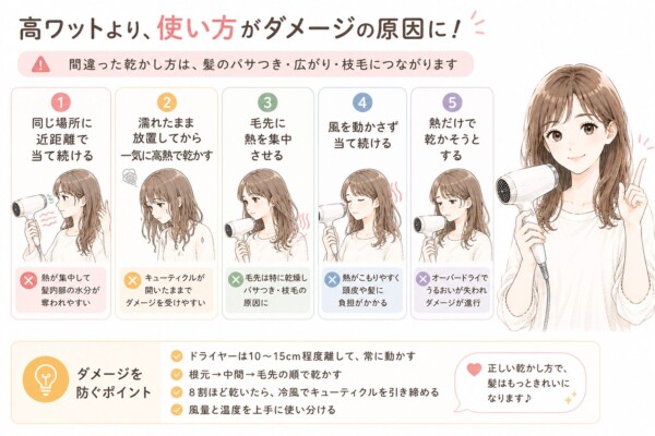 「高ワットより、使い方がダメージの原因に！」という見出しで、間違ったドライヤーの使い方とダメージを防ぐポイントを解説した図解です。ドライヤーを持ち笑顔で指を立てる女性のイラストと共に、NGな乾かし方として「①同じ場所に近距離で当て続ける」「②濡れたまま放置してから一気に高熱で乾かす」「③毛先に熱を集中させる」「④風を動かさず当て続ける」「⑤熱だけで乾かそうとする」の5つを挙げ、それぞれがパサつきや枝毛につながる理由を図付きで説明しています。下部ではダメージを防ぐポイントとして、10〜15cm離して常に動かすことや、根元から順に乾かすこと、冷風で仕上げるなどの正しい乾かし方をまとめています。