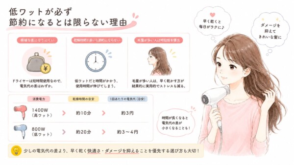 「低ワットが必ず節約になるとは限らない理由」を解説した図解です。心地よさそうに髪を乾かす女性のイラストと共に、3つの理由を紹介。「ドライヤーは短時間使用なので電気代の差はわずか」「低ワットだと時間がかかり、使用時間が伸びてしまう」「毛量が多い人は時短性を優先した方が実用的」であることを解説しています。さらに1400W（約10分・約3円）と800W（約20分・約3〜4円）の比較表を挙げ、少しの電気代の差よりも、早く乾く快適さやダメージを抑えることを優先する選び方が大切だとまとめています。