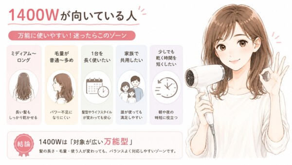 「1400Wが向いている人」を解説した図解です。ドライヤーを持ち笑顔でOKサインを出す女性のイラストと共に、「万能に使いやすい！迷ったらこのゾーン」として5つの特徴を紹介。「ミディアム〜ロング」「毛量が普通〜多め」「1台を長く使いたい」「家族で共用したい」「少しでも乾く時間を短くしたい」といった項目をアイコン付きで解説しています。最後に結論として、1400Wは髪の長さや毛量、使う人が変わってもバランスよく対応できる「対象が広い万能型」であるとまとめています。