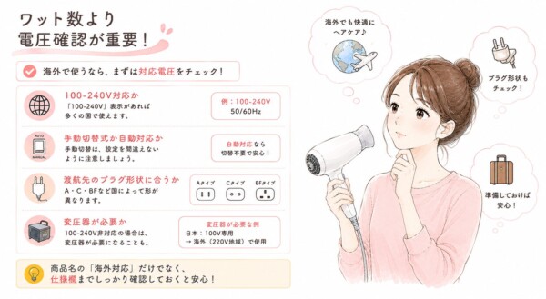 「ワット数より電圧確認が重要！」という見出しで、海外用ドライヤー選びの注意点を解説した図解です。ドライヤーを持ちながら海外旅行の準備を思い浮かべる女性のイラストと共に、4つのチェック項目をアイコン付きで紹介。「100-240V対応か」「手動切替式か自動対応か」「渡航先のプラグ形状に合うか」「変圧器が必要か」について図付きで説明しています。最後に、商品名の「海外対応」という言葉だけで判断せず、仕様欄までしっかり確認しておくと安心であるというポイントをまとめています。