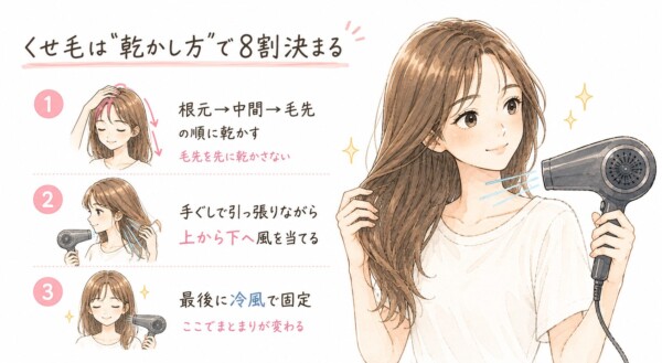 「くせ毛は“乾かし方”で8割決まる」と題された図解画像です。笑顔でドライヤーを使う女性のイラストと共に、くせ毛を抑える3つの手順を解説しています。1.根元から中間、毛先の順に乾かす、2.手ぐしで引っ張りながら上から下へ風を当てる、3.最後に冷風で固定する、というステップを図示し、正しい乾かし方でまとまりが変わることを伝えています。