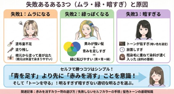 セルフカラーの失敗あるある3つと原因の図解。1.ムラ（塗布量不足・塗り残し）、2.緑っぽくなる（黄みの強い髪に青みを足しすぎた反応）、3.暗すぎる（放置しすぎ・染料の蓄積）を解説。失敗を防ぐには「青を足す」より「赤みを消す」意識と、適切なトーン選びが重要であることを示すまとめ画像。