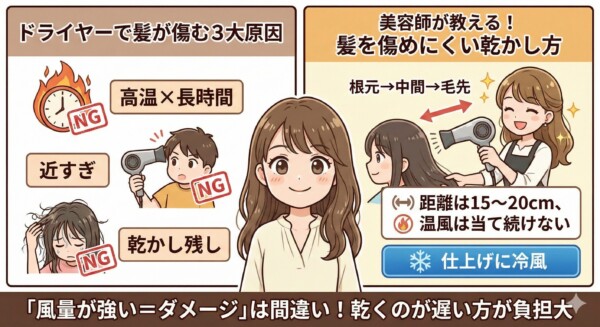「髪を傷めないドライヤーの乾かし方まとめ（原因3つとコツ：根元から・距離15〜20cm・冷風仕上げ）」