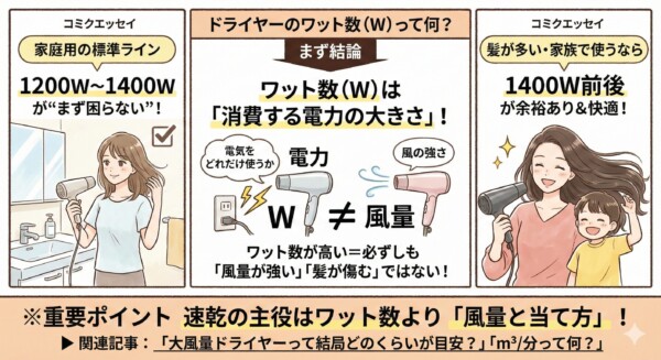 ドライヤーのワット数（W）の目安をまとめた図解