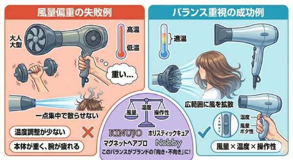 風量だけを重視してドライヤーを選ぶと、本体が重く疲れやすい、温度調整が少ない、一点集中で風が当たるなどの失敗につながりやすく、風量・温度・操作性のバランスが重要であることを示した図解