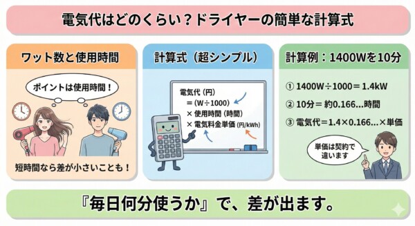 ドライヤーの電気代を計算する式（W÷1000×時間×単価）の図解