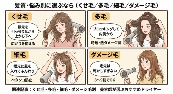 髪質・悩み別（くせ毛・多毛・細毛・ダメージ毛）のドライヤー選びのポイント図