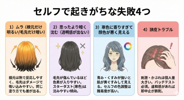 セルフカラーで起きがちな4つの失敗例を解説した図解。根元だけ明るくなる「ムラ（逆プリン）」、毛先のダメージ部分が暗くなる「沈み込み」、青みが強すぎて顔色が悪く見える「色味の不調和」、刺激やかぶれなどの「頭皮トラブル」について、それぞれの原因とメカニズムをイラスト付きで警告しています。