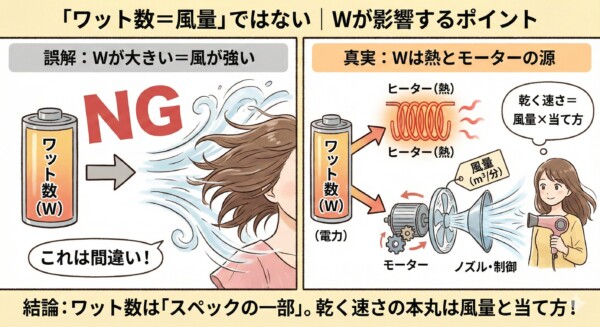 ワット数（W）は風量ではないことを示す図解