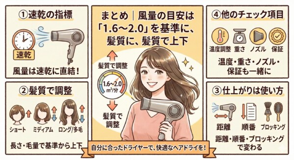 ドライヤー風量（m³/分）の目安は1.6〜2.0を基準に調整する、というまとめ図