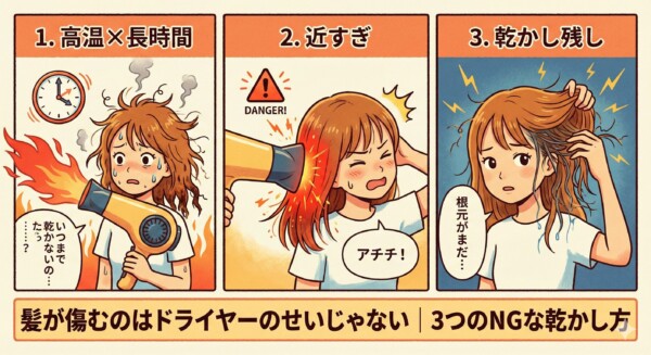 「髪が傷む原因になりやすいNGな乾かし方3つ（高温×長時間・近すぎ・乾かし残し）」
