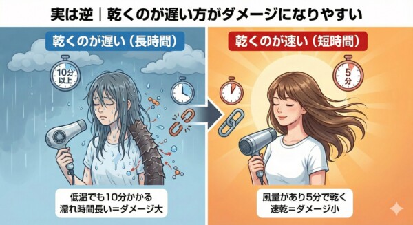 乾くのが遅い場合は低温でも長時間熱を当てるためダメージが大きく、風量があり短時間で乾く方が髪への負担が少ないことを示した比較図