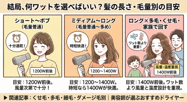 髪の長さ・毛量別にワット数の目安をまとめた図解