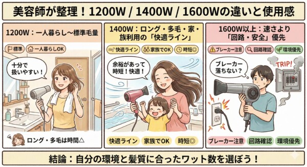 1200W・1400W・1600Wの違いと使用感をまとめた図解