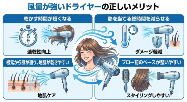 風量が強いドライヤーのメリットとして、乾かす時間の短縮、熱を当てる時間の削減、根元から風が通り地肌が乾きやすいこと、ブロー前のベースが整いやすい点を示した図解