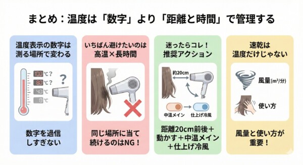 ドライヤーの温度管理に関するまとめ図解。「温度は数字より距離と時間で管理する」をテーマに、表示温度を過信せず「高温×長時間」を避ける重要性を説明。推奨アクションとして「距離20cm前後を保ち、中温メインで動かしながら乾かす」ことや、速乾には温度だけでなく風量と使い方が重要であることを解説しています。