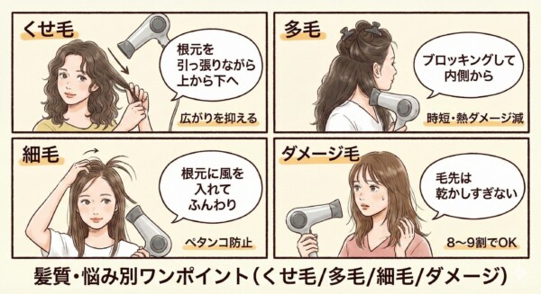 「髪質別の乾かし方：くせ毛は根元を引っ張り上から下へ、多毛はブロッキングして内側から、細毛は根元に風でふんわり、ダメージ毛は毛先を乾かしすぎない」