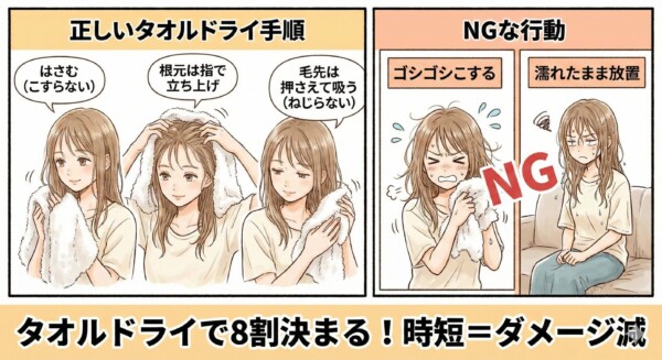 「正しいタオルドライ手順とNG（こすらない・ねじらない・濡れたまま放置しない）」