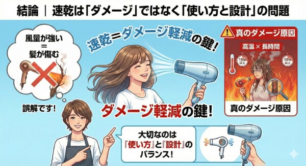 速乾ドライヤーはダメージの原因ではなく、髪を傷めるのは高温を長時間当てることであり、風量・温度・操作性と使い方のバランスが重要であることを示した結論の図解