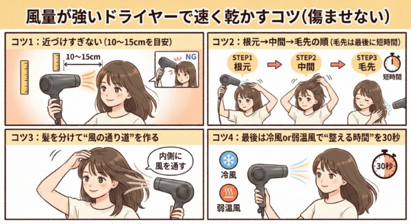風量が強いドライヤーで速く乾かすコツ（距離・順番・分け取り・仕上げ）の図解