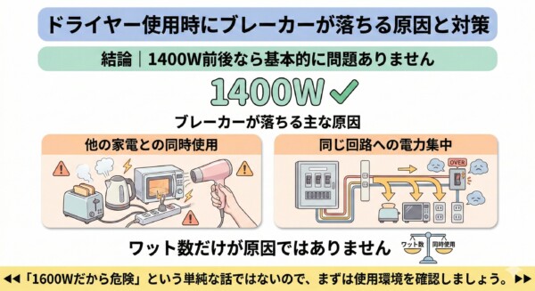 ドライヤー使用時にブレーカーが落ちる原因と対策を解説した図解。結論として1400W前後なら基本問題ないことを示し、主な原因として「他の家電（レンジやケトル等）との同時使用」と「同じ回路への電力集中」をイラストで説明。ワット数だけが原因ではなく使用環境の確認が重要であること、1600Wだから危険という単純な話ではないことを伝えています。