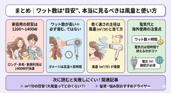 ドライヤー選びのまとめ図解。ワット数はあくまで目安であり、重要なのは風量と使い方であることを解説。家庭用は1200～1400Wが最適で、髪のダメージ原因はワット数ではなく「高温×長時間」にあると説明。速乾には風量が重要である点や、電気代の節約法、海外使用時の電圧確認についてもイラストで網羅的に紹介している。