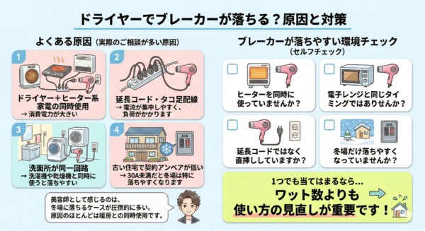 ドライヤーでブレーカーが落ちる原因と対策のセルフチェック図解。よくある原因として、ヒーター系家電との同時使用、延長コードのタコ足配線、洗面所の同一回路、古い住宅の契約アンペア不足を挙げています。美容師の知見として冬場の暖房併用が原因の多くを占めることを指摘し、ワット数よりも使い方の見直しが重要であると結論づけています。