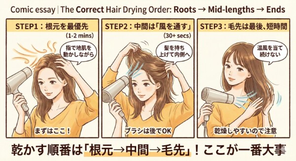 「ドライヤーの乾かす順番：根元→中間→毛先（根元を最優先）」