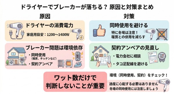 ドライヤー使用時にブレーカーが落ちる原因と対策をまとめた図解。原因として「ドライヤーの消費電力（目安1200〜1400W）」と「環境依存（同時使用や契約アンペア）」を挙げ、対策として「同時使用を避ける（特に冬場の暖房）」「契約アンペアの見直し」「タコ足配線を避ける」を紹介。「ワット数だけで判断しないことが重要」と結論づけています。